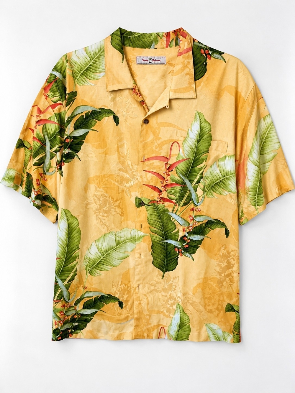 Tommy Bahama Yellow Tropical Leaf Print Camp Shirt
